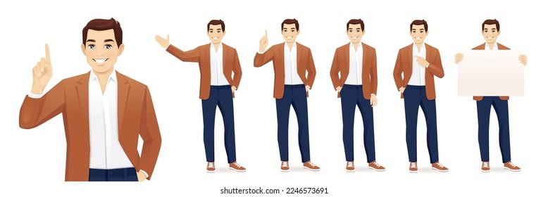 Young business man in casual clothes different gestures set isolated vector illustration