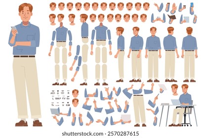 Young business man character constructor. Clerk or entrepreneur. Set of different positions of arms legs head and body for creating animation and your own illustrations. DIY kit. Vector illustration