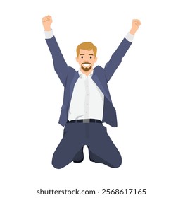 Young business man character, emotions and expressions, success. Flat vector illustration isolated on white background