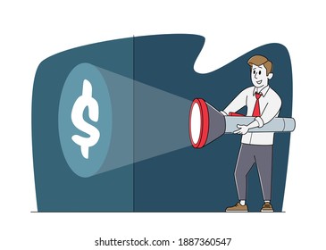 Young Business Man Character in Formal Suit Holding Huge Flashlight Lighting Up Dollar Sign on Wall, Searching Money, Way to Earn, Uncovering Hidden Income Source Metaphor. Linear Vector Illustration