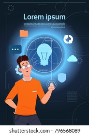 Junge Geschäftsleute wählen virtuelle Symbole, Touchschaltflächen auf Digital Display Moderne Technologie Konzept flache Vektorgrafik