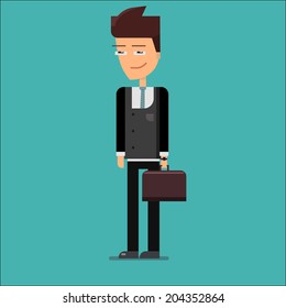  Young business man in dark grey suit with case smiles. Flat vector character illustration.