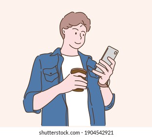 Young Business Man Drinking Coffee And Chatting On Phone During Break From Work. Hand Drawn In Thin Line Style, Vector Illustrations.