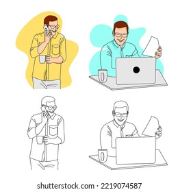 young business man or employee sitting at the table and calling the customer looking happy hand drawn style