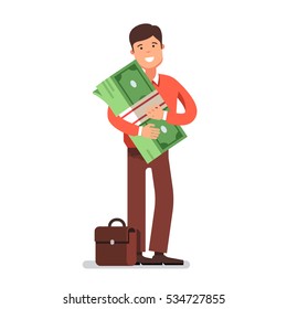 Young Business Man Entrepreneur Standing Holding And Hugging In His Arms Big Cash Money Pack Bundle. Modern Flat Style Concept Vector Illustration Isolated On White Background.