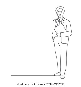 Young business man with a folder in his hand. Hand drawn vector illustration. Black and white.