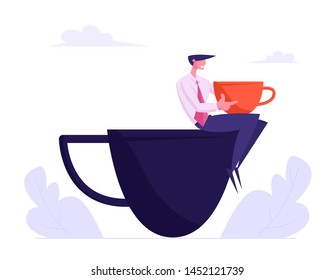 Young Business Man in Formal Suit Relaxing on Coffee Break Sitting on Huge Cup, Male Customer Character Having Rest in Recreational Place Restaurant or Cafe for Lunch, Cartoon Flat Vector Illustration