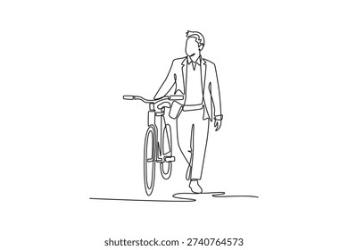 young Business Man Going to Work by Bike. Bike to work concept. Single line draw design. Vector graphic illustration
