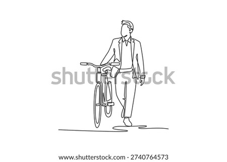 young Business Man Going to Work by Bike. Bike to work concept. Single line draw design. Vector graphic illustration
