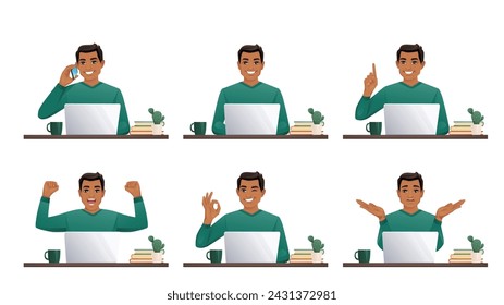 Young business man in green sweater using laptop computer sitting at the desk isolated vector illustration