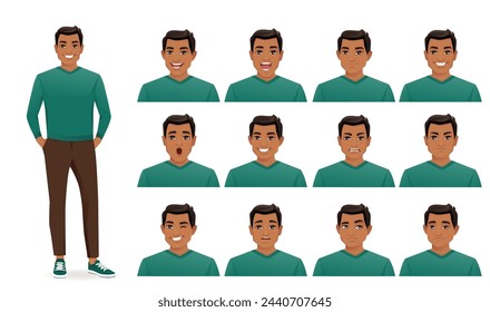 Young business man in green sweater with different facial expressions set vector illustration isolated