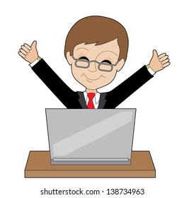 A young business man is happy about something on his laptop -