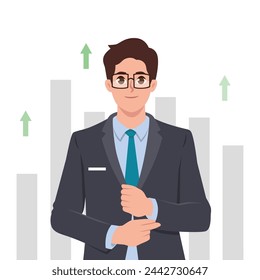 Young Business man with high self esteem and confidence. Flat vector illustration isolated on white background