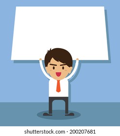 young business man holding big blank paper over head