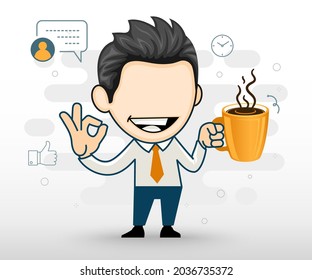 Young business man holding coffee and showing ok gesture. Vector illustration in cartoon style