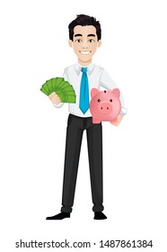 Young business man holding money and piggy bank. Handsome businessman cartoon character. Vector illustration on white background