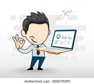 Young business man holding a new brand laptop computer and showing okay. Person showing OK gesture for digital device. The concept of technology in cartoon style