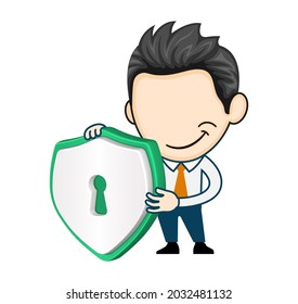 Young Business Man Holding Shield Sign. Safety And Protection Concept In Cartoon Style