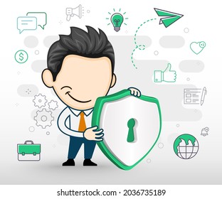 Young Business Man Holding Shield Sign. Safety And Protection Concept In Cartoon Style