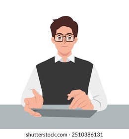 Hombre de negocios joven que sostiene o que usa una tableta. Vector plano aislado sobre fondo blanco
