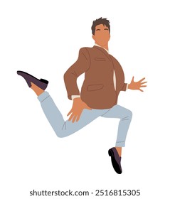 Hombre de negocios joven saltando de alegría, celebrando el éxito. Personaje masculino emocionado de la historieta en traje casual elegante de la oficina. Vector realista dibujado a mano ilustración aislada sobre fondo blanco