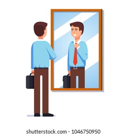 Young business man looking at his reflection in wall mirror fixing necktie. Corporate business employee getting ready for work. Flat style isolated vector illustration on white