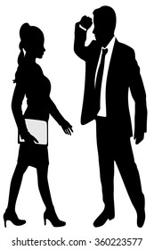 young business man looking into distance - looking at business woman 