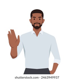 Young business man making or showing stop gesture sign with hand, saying no. Flat vector illustration isolated on white background