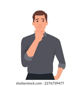 Young business man making thinking gesture. Stroking or scratching chin thoughtfully. Front view. Flat vector illustration isolated on white background