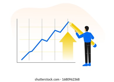 Young business man or manager drawing a graph up with big pencil. Promotion motivation. Rising business. Way to achieve the goal.  Boosting. Career growth analysis. Vector illustration.