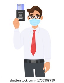 Young business man in medical mask showing passport, tickets. Person holding boarding pass or visa. Male character with eyeglasses. Corona virus epidemic outbreak. Cartoon illustration design vector.