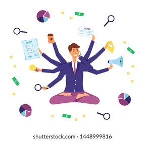 Young business man multitasking on the job, busy but happy corporate worker with many arms juggling phone call, news, e-mails, ideas and coffee while smiling, isolated flat vector illustration