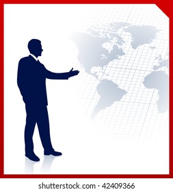 Joven empresario en el fondo del mapa del mundo