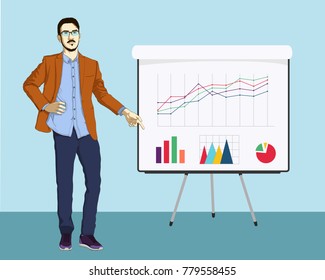 Jovem empresário aponta o dedo para diagramas e gráficos no quadro branco. Ilustração vetorial de infográficos para empresas