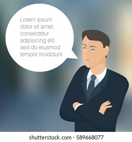 Young business man at the business presentation with speech comment bubble. Vector abstract template for comment, feedback, help line, customer support, brochure cover, banner and poster mock up.