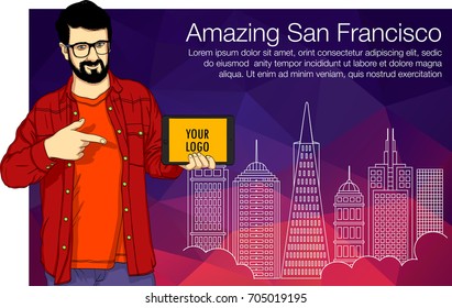 Young business man presenting report on digital tablet. Business man pointing at the charts on tablet computer screen. Vector flat design illustration of buildings of San Francisco