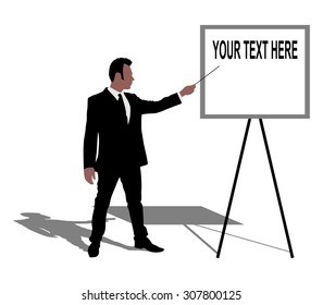 Young business man presenting something on a board, vector 