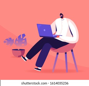 Young Business Man, Programmer, Creative Outsourced Employee Sitting on Chair Working on Laptop. Freelancer Work Remotely at Home or Coworking Place Using Smart Device. Flat Vector Illustration