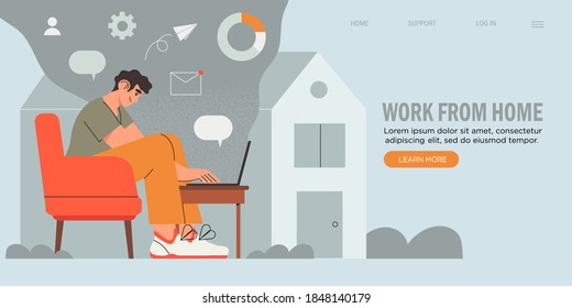 Young Business Man, Programmer, Creative Outsourced Employee Sitting on Chair Working on Laptop. Freelancer working at home. Creative banner, web site page. Home office, freelancing concept.