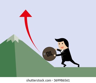 Young Business Man Push Oil Barrel To The Top Of A Mountain. Oil Crisis Concept.