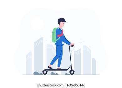 Young business man riding on electric scooter. Modern cityscape background. Ecology transport concept. Trendy flat style. Vector illustration.