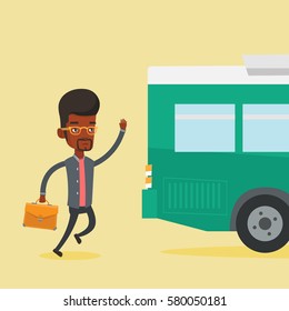 Young Business Man Running To Catch Bus. Upset African-american Business Man Running For An Outgoing Bus. Sad Latecomer Man Running To Reach A Bus. Vector Flat Design Illustration. Square Layout.