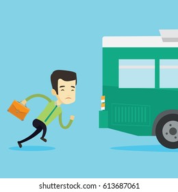 Young business man running to catch bus. Upset asian business man running for an outgoing bus. Sad latecomer business man running to reach a bus. Vector flat design illustration. Square layout.