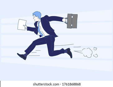 Young business man running forward. Concept of fast business with running businessman. Hand drawn in thin line style, vector illustrations.