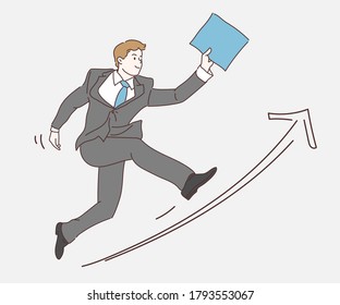 Young business man running forward. Concept of fast business with running businessman. Hand drawn in thin line style, vector illustrations.