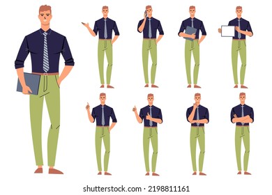 Young business man set of characters in different poses. Office worker in tie isolated on white. Phone call, presentation, thumbs up, thoughts, instructing, showing tablet, crossed arms. Flat vector.