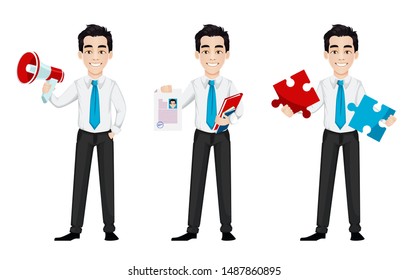 Young business man, set of three poses. Handsome businessman cartoon character holds loudspeaker, holds resume and holds puzzle. Vector illustration