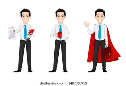 Young business man, set of three poses. Handsome businessman cartoon character holds resume, holds a cup of coffee and stands in superhero cloak. Vector illustration