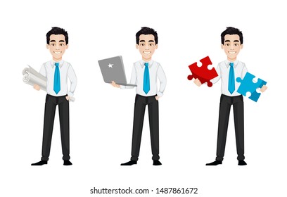 Young business man, set of three poses. Handsome businessman cartoon character holds whatman paper, holds laptop and holds puzzle. Vector illustration