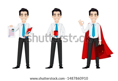 Young business man, set of three poses. Handsome businessman cartoon character holds resume, holds a cup of coffee and stands in superhero cloak. Vector illustration